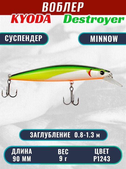 Воблер KYODA Destroyer Minnow-90SP, длина 9,0 см, вес 9.0 гр цвет P1243, заглубление 0,8-1.3 м